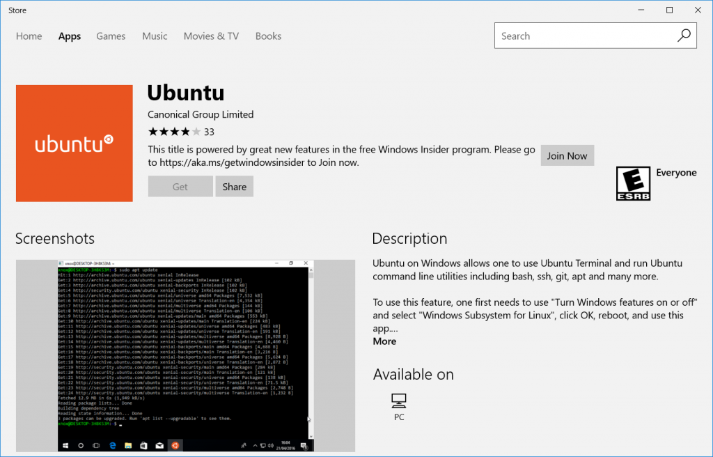 Ubuntu on Windows Store